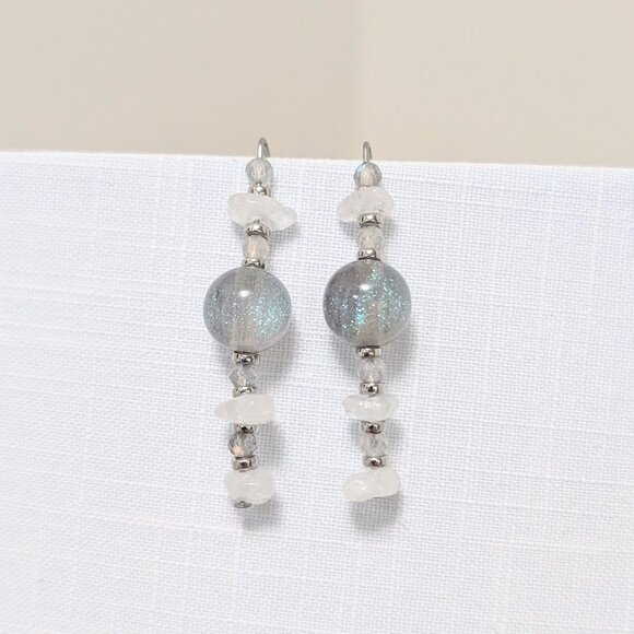 Shimmer Resin and Quartz with Labradorite Steel Drop Hook Earrings - Picture 5 of 7